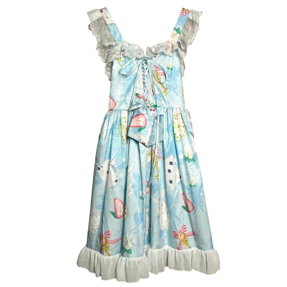 Lolitimes Alice in Wonderland Sweet Lolita Dress Blue Dollcore Lace Up Ruffle S